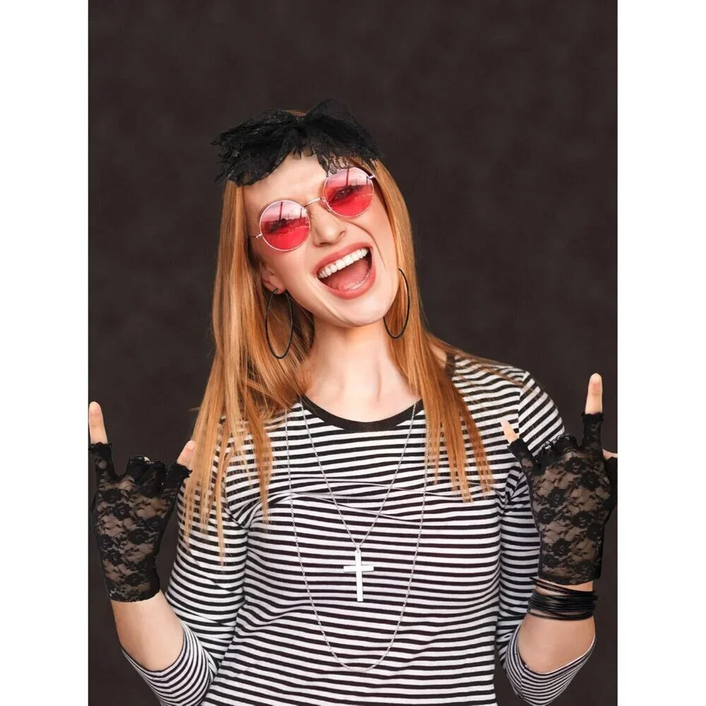 80s Costume Accessories Lace Headband Earrings Fishnet Gloves Necklace Bracelet